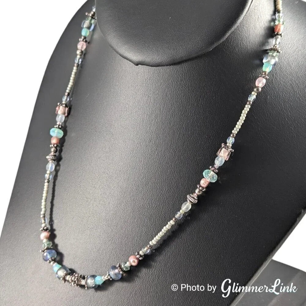 Sterling Multicolor Pastel Glass Pink Pearl Seed Bead Necklace